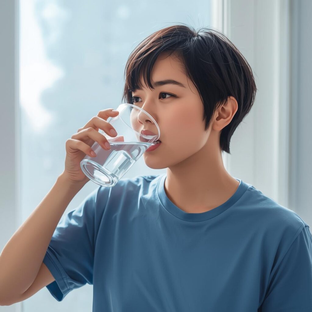 アジア人女性がうがいをするためにコップを持っているところ